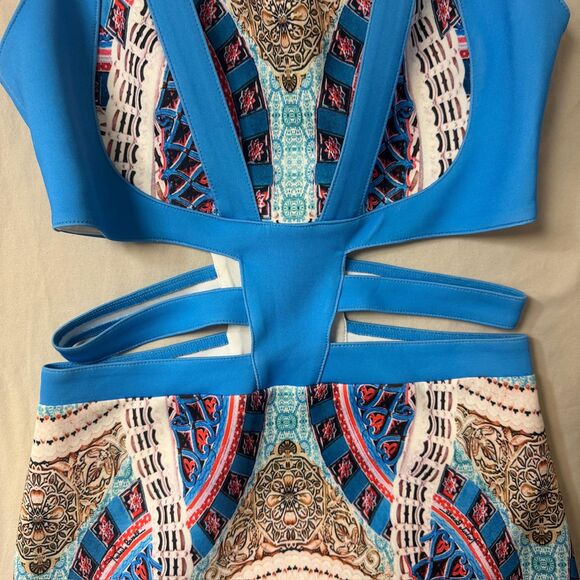 Tribal Cutout Print Dress Womens M Bodycon Stretch Sexy Mini Summer Boho Party - Picture 3 of 6